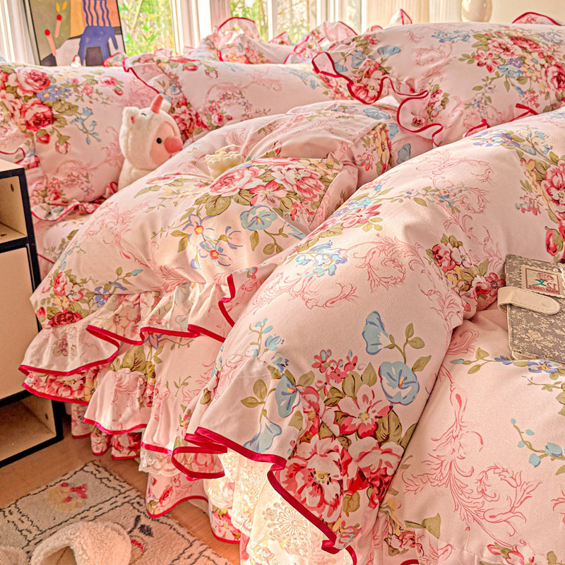 舒适新款加厚水洗斜纹棉磨毛床盖四件套夹棉床盖印花磨毛清新被套