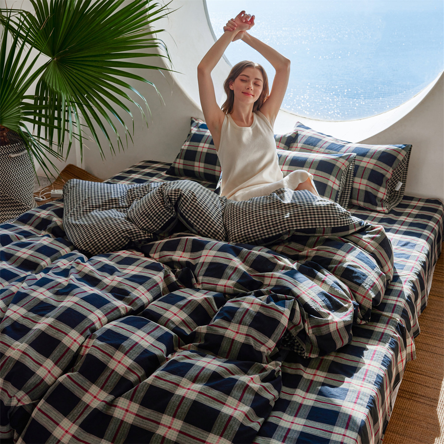 复古风黑白格子床上四件套纯棉全棉舒适新款水洗棉被套床单床笠