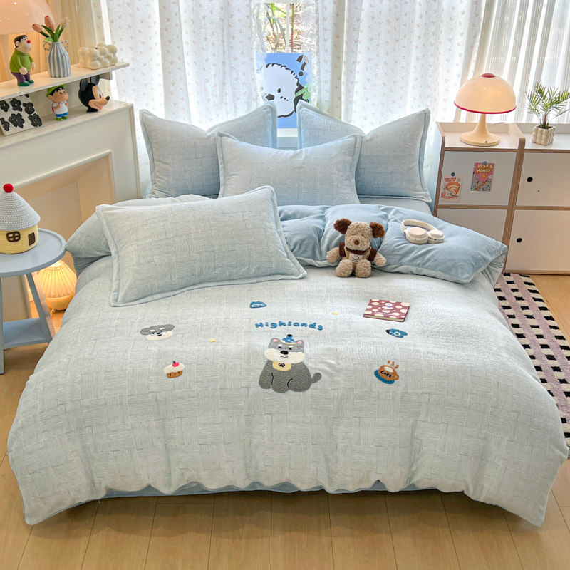 冬季牛奶绒床上四件套双面加厚加绒被套珊瑚法兰绒可爱毛巾绣床品