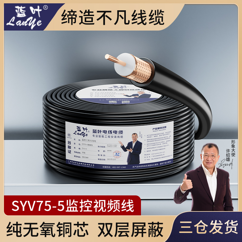 蓝叶 国标监控同轴视频线 铜芯铜网SYV75-5-4-3同轴摄像头连接线