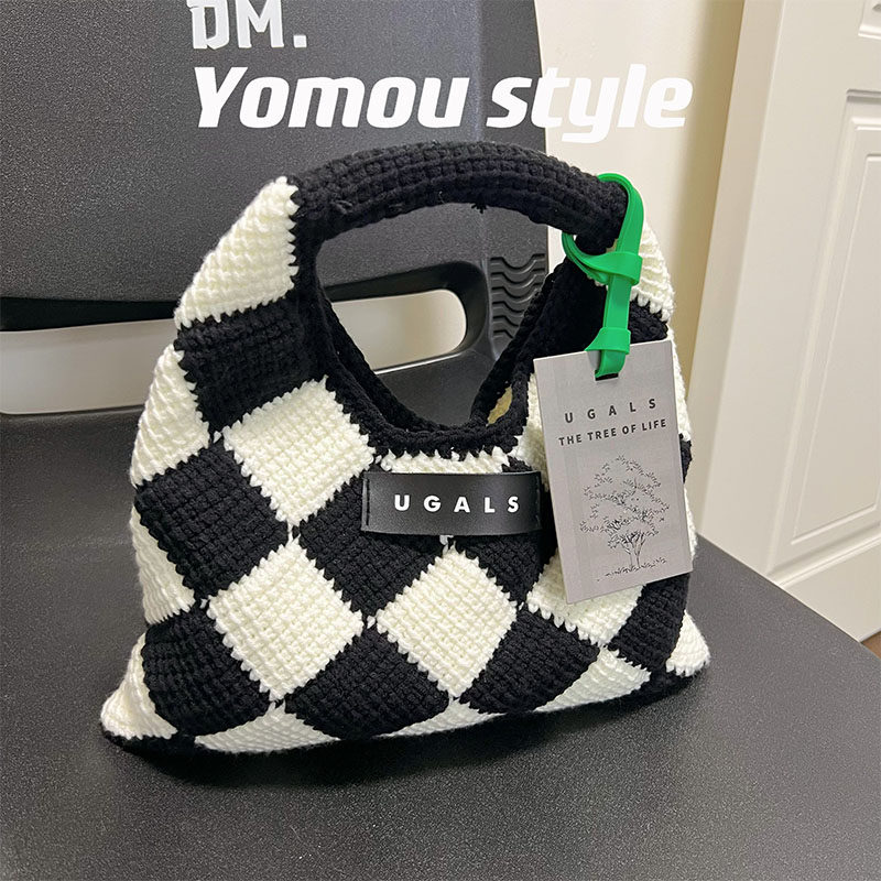 YOMOU菱格黑白棋盘格手工编织diy材料毛线包棉线菜篮子托特手提包