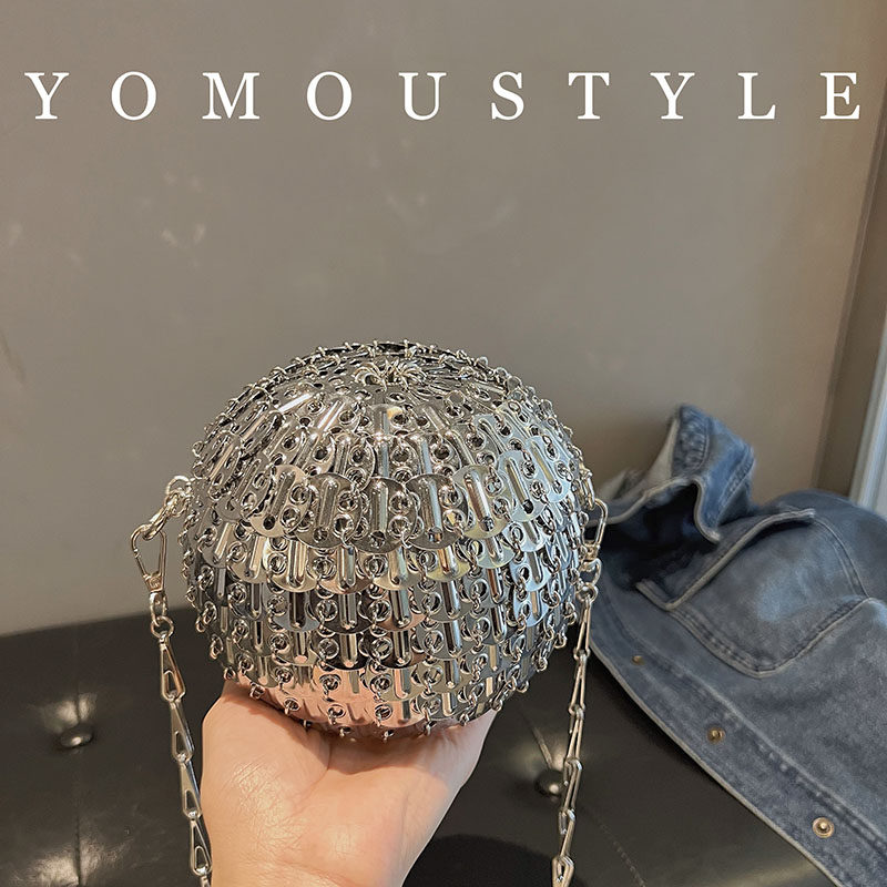 YOMOU闪亮球形银色亮片手工编织辣妹潮酷宴会珠片小圆包腋下斜挎
