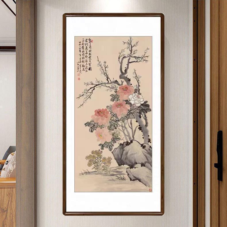 国画水墨壁画中式客厅装饰画玄关办公室竖版挂画陈半丁牡丹梅花图