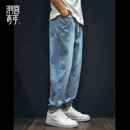 莱赛尔天丝透气牛仔裤男士夏季潮牌宽松大码薄款束脚裤哈伦休闲裤