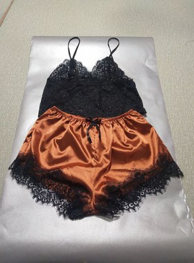 women's pajamas lace set外贸纯色吊带蕾丝睡衣套装女薄款夏性感