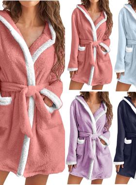 Women's Winter Warm Fuzzy Hooded Bathrobe 连帽睡衣毛绒浴袍女