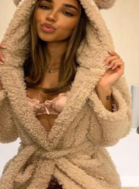 warm pajamas plush bathrobe women 外贸毛毛耳朵睡衣毛绒浴袍女
