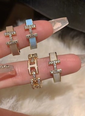 字母H戒～珐琅滴油锆石高级开口ins 网红指环食指戒