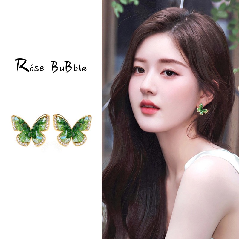 偷偷藏不住赵露思桑稚同款耳环绿色水晶蝴蝶耳钉小众设计耳饰
