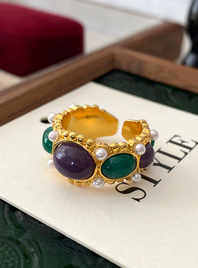 中古玛瑙戒指2026新款爆款复古食指戒轻奢高级感天然石珍珠开口戒