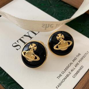 黑色珐琅西太后耳钉轻奢高级感气质大气秋冬耳饰女欧美小香风耳环