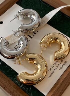 金银C形粗圈耳钉极简金属耳环轻奢高级感欧美风简约小众设计耳饰