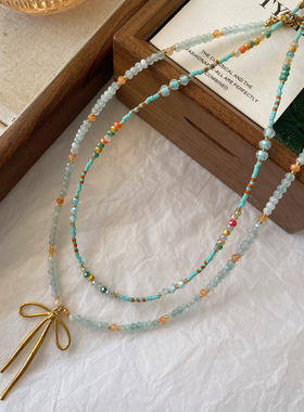 项链高级感轻奢小众蓝色天然石锁骨链2024新款秋冬叠带蝴蝶结颈链