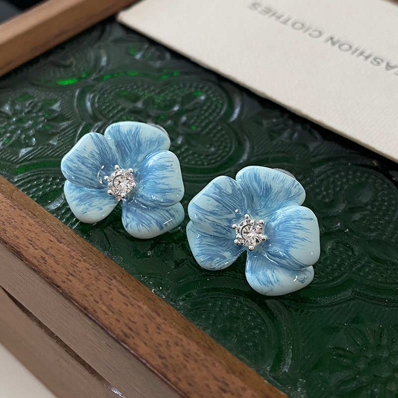 DSTYLE蓝色镶钻爆闪珐琅花朵耳环