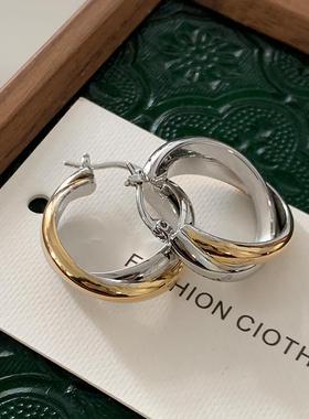 金银双色圈圈耳扣2025新款爆款极简金属耳环轻奢高级感欧美风耳饰