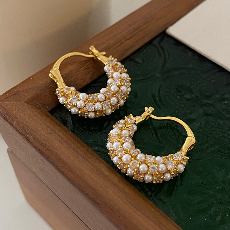 DSTYLE欧美奢华精工满钻珍珠耳饰