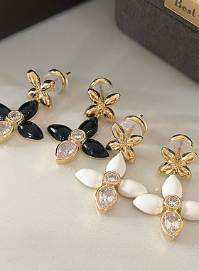 白色珐琅四叶草耳钉2025新款爆款高级感镶钻耳坠女轻奢小香风耳环