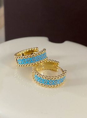 蓝色天然石耳宽面耳环2025新款爆款高级感圆形耳扣轻奢法式风耳饰