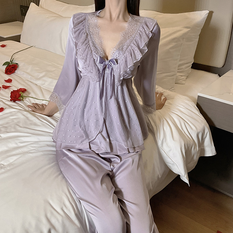 新款春秋季带胸垫冰丝睡衣女高级感蕾丝边七分袖长裤家居服套装
