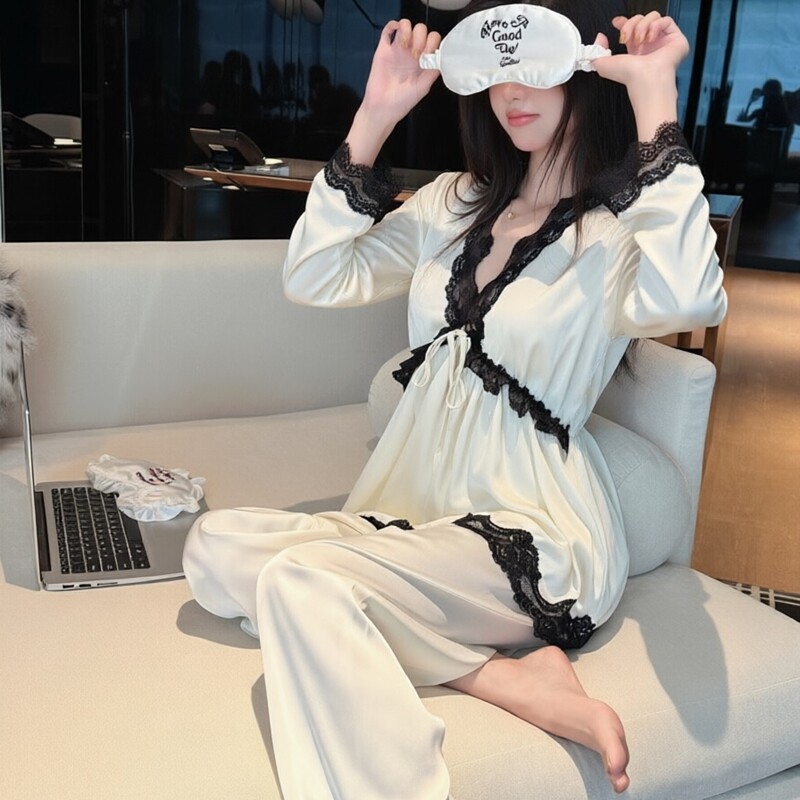 冰丝蕾丝V领带胸垫睡衣套装女
