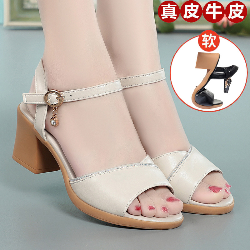 女凉鞋中跟妈妈鞋鱼嘴水钻真皮