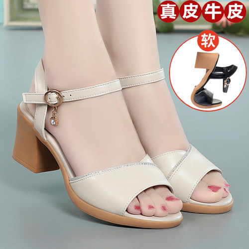 女凉鞋中跟妈妈鞋鱼嘴水钻真皮
