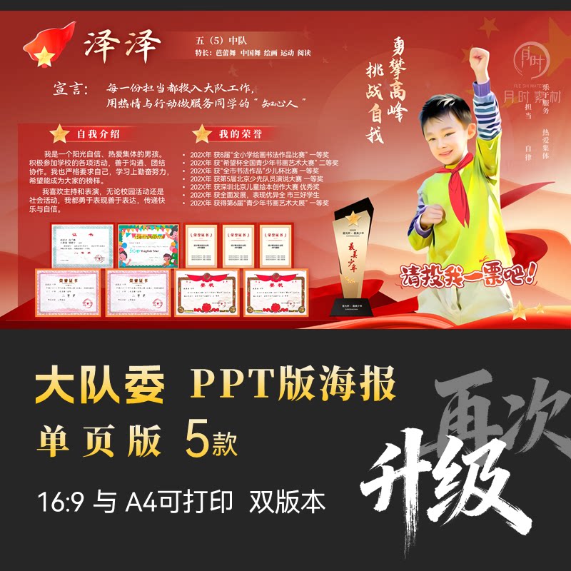 中小学生竞选大队委大队长PPT模板三好学生班干部海报定制代制作图片