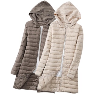 日本优女装轻薄羽绒服内搭冬2025新款小个子中长款针织连帽外套女