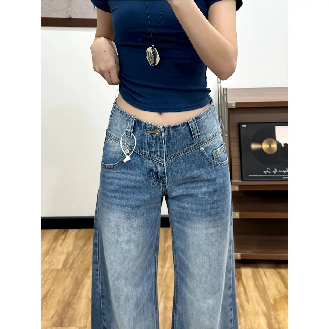 设计感无腰头阔腿牛仔裤复古裤子图片