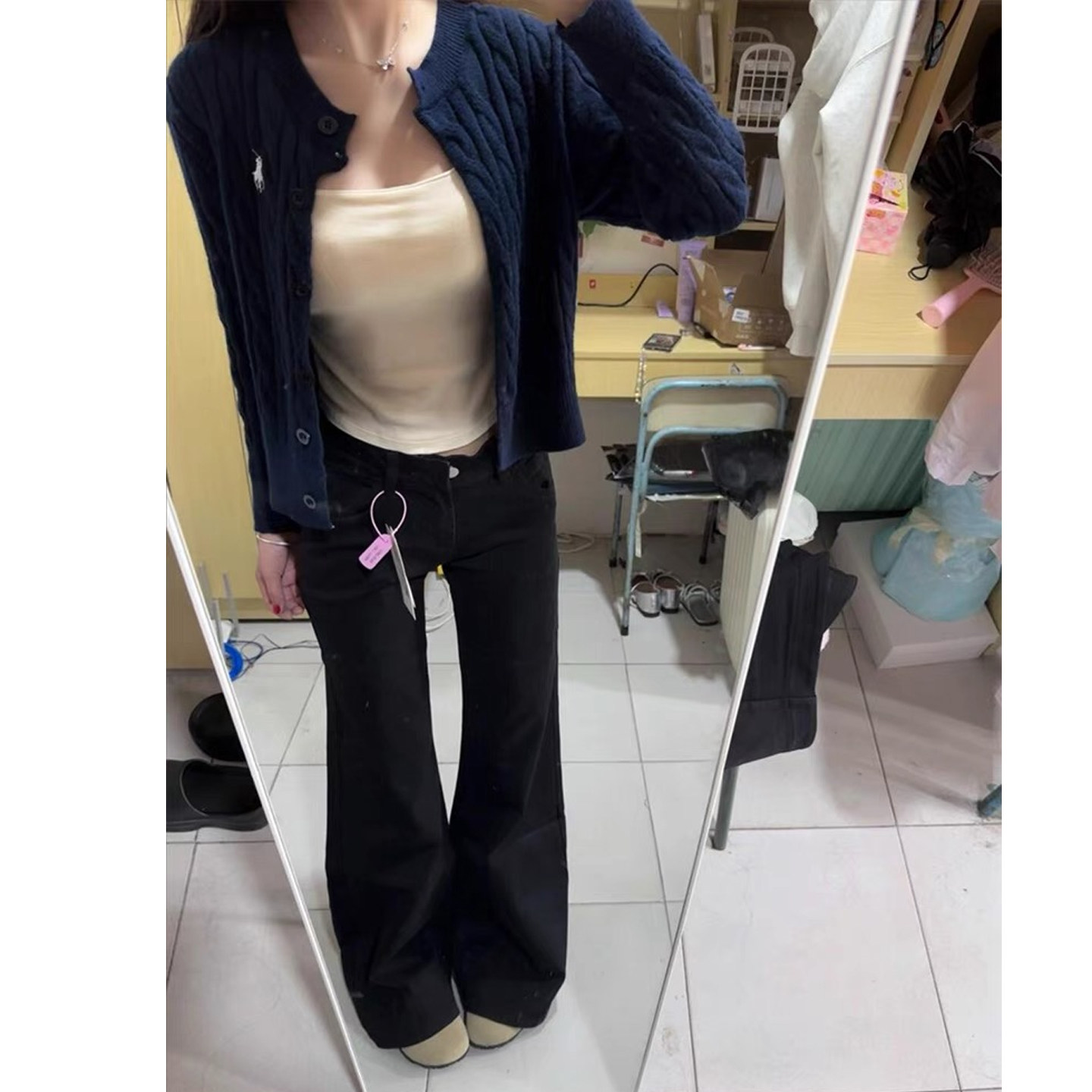 美式复古黑色微喇牛仔裤秋季显瘦图片