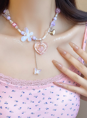 y2k夏日多巴胺彩色串珠项链爱心蝴蝶结锁骨链个性百搭