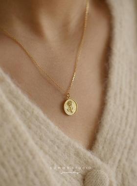 浮雕玫瑰花小金币圆牌s925通体纯银项链锁骨链法式复古精致百搭X8