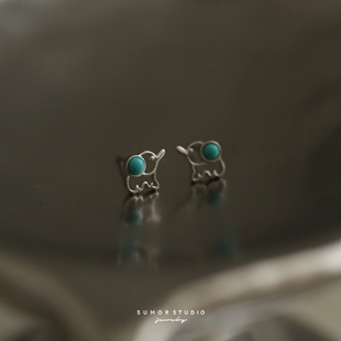 S925纯银绿松石小象耳钉小众设计感气质耳环个性耳饰可爱小动物28