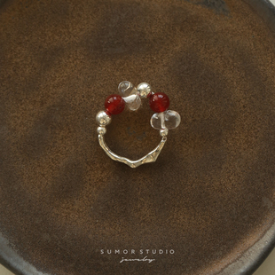 原创不规则白水晶红玛瑙s925纯银戒指简约设计几何弹力指环小众