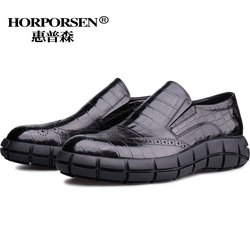 HORPORSEN/意大利布洛克雕花男皮鞋真皮一脚蹬懒人鞋厚底牛皮男鞋