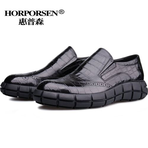 HORPORSEN/意大利布洛克雕花男皮鞋真皮一脚蹬懒人鞋厚底牛皮男鞋