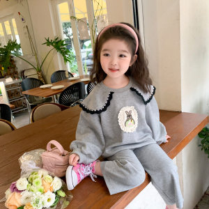女宝宝时尚荷叶领小兔子套装2023春秋新款小女孩洋气两件套春装潮