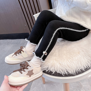 女小童冬季2023新款裤子洋气时尚小女孩韩版休闲一体绒绣花打底裤