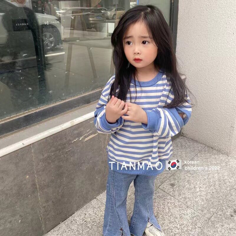 BABY GIRL 2024 봄 정장 슬릿 벨 바지 스트라이프 긴팔 스웨터 캐주얼 봄 가을 서양식 투피스 트렌디 세트