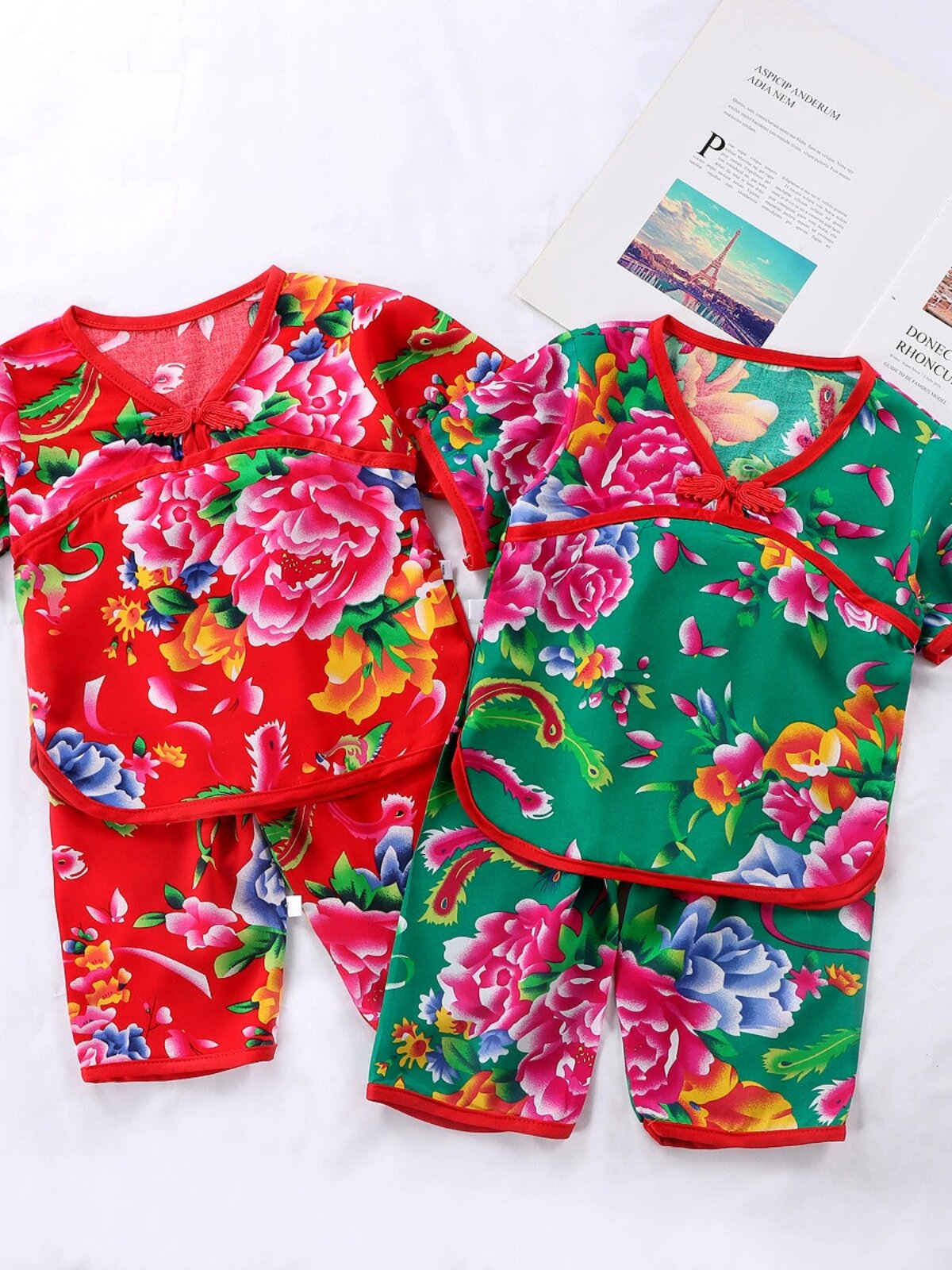 TODDLER LOUNGEWEAR SET NET RED BABY COTTON SILK NORTHEAST BIG FLOWER SHORT-SLEEVED CROPPED PANTS MENS AND WOMENS TREASURE SUMMER PAJAMAS TIDE