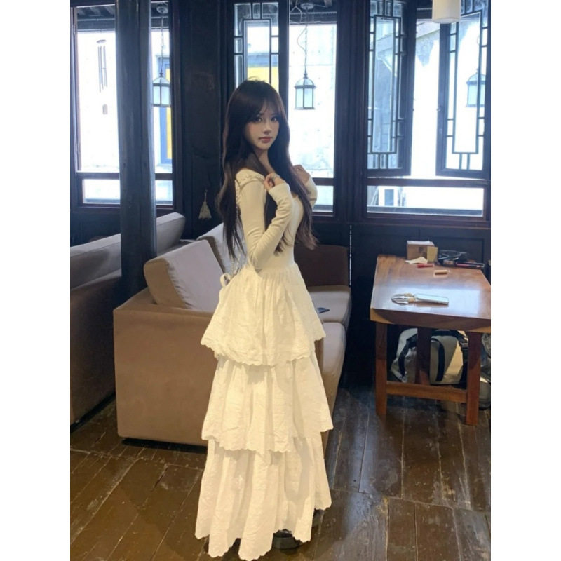 法式白色长袖打底蛋糕连衣裙女秋季高级感气质生日礼服小白裙