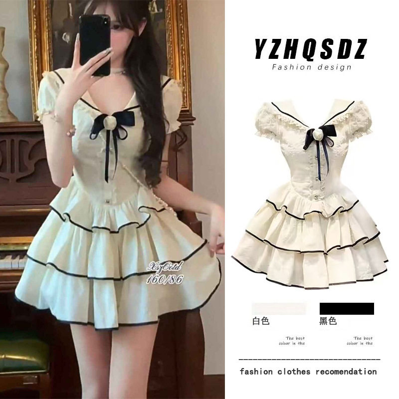 甜美清新学院风海军领蛋糕裙夏季新款高级设计感收腰公主蓬蓬裙