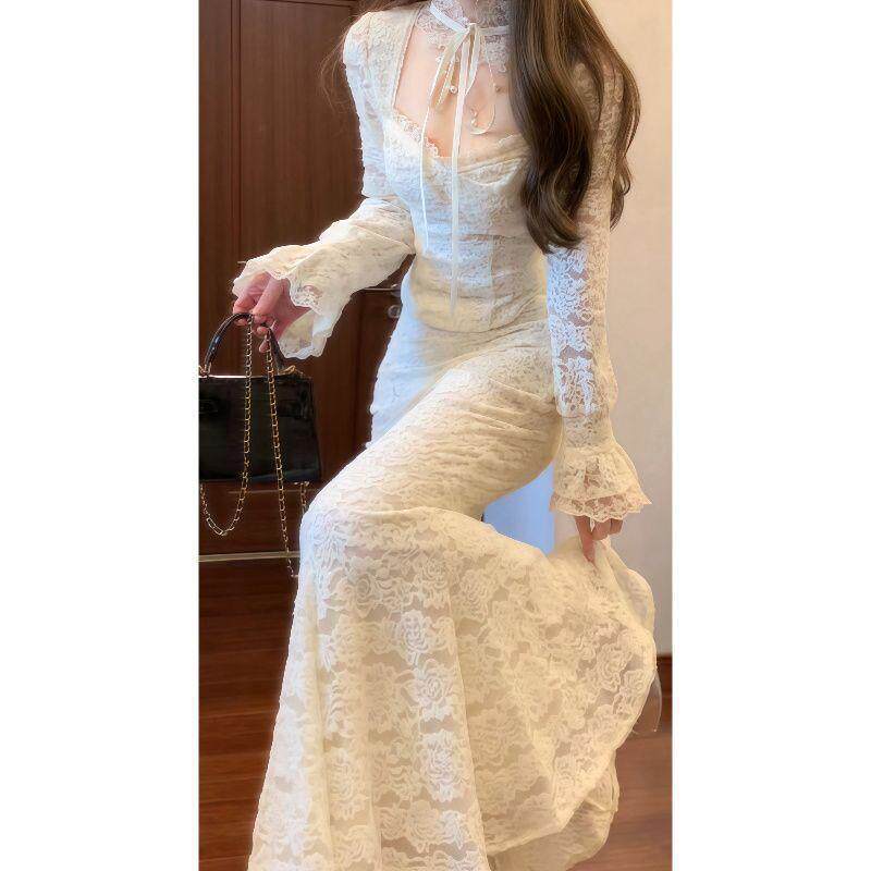 【店铺热销】温柔系穿搭秋冬套装高级感女人味蕾丝上衣鱼尾包臀半