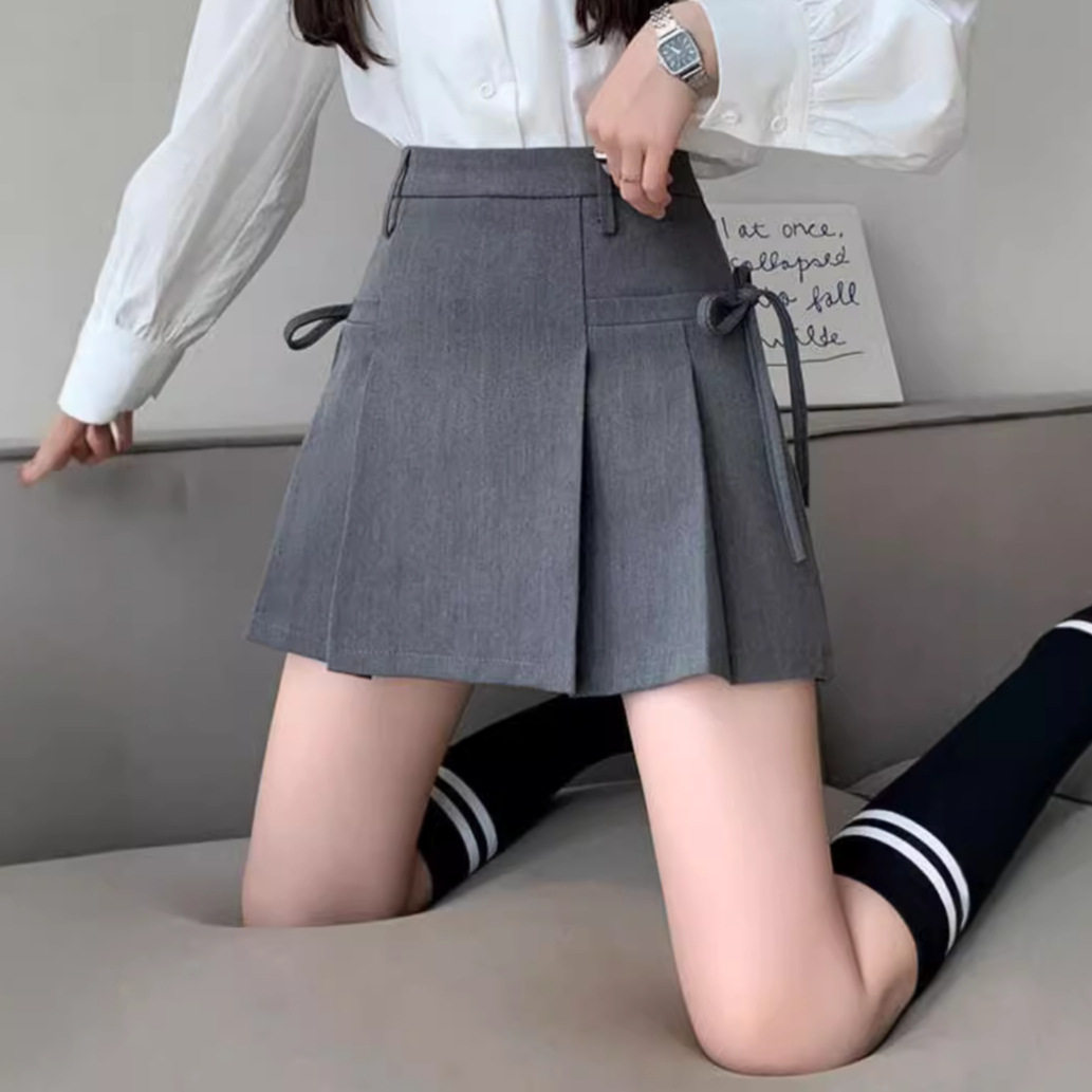 高腰显瘦百褶裙女绑带夏季辣妹小个子短裙a字裙半身裙黑色短裙子