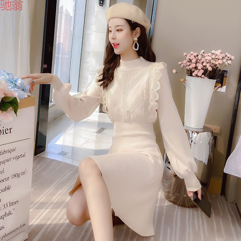 Y9Z配大衣的毛衣裙子秋冬季加厚针织连衣裙女修身气质小个子打底