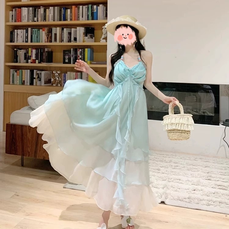 桔梗house海边度假风吊带连衣裙女2025夏季新款氛围感露背长裙子