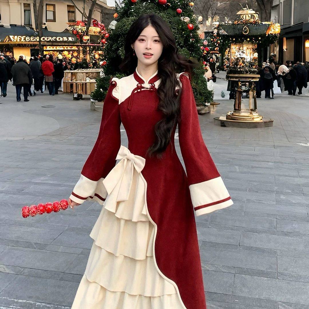 冬季新款国风旗袍改良红色新年裙气质收腰显瘦打底连衣裙长裙女仙