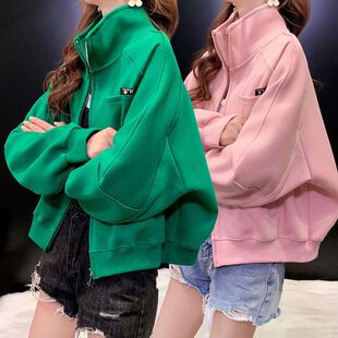 纯色慵懒风立领外套女薄款2023春秋新款宽松大码韩版长袖开衫