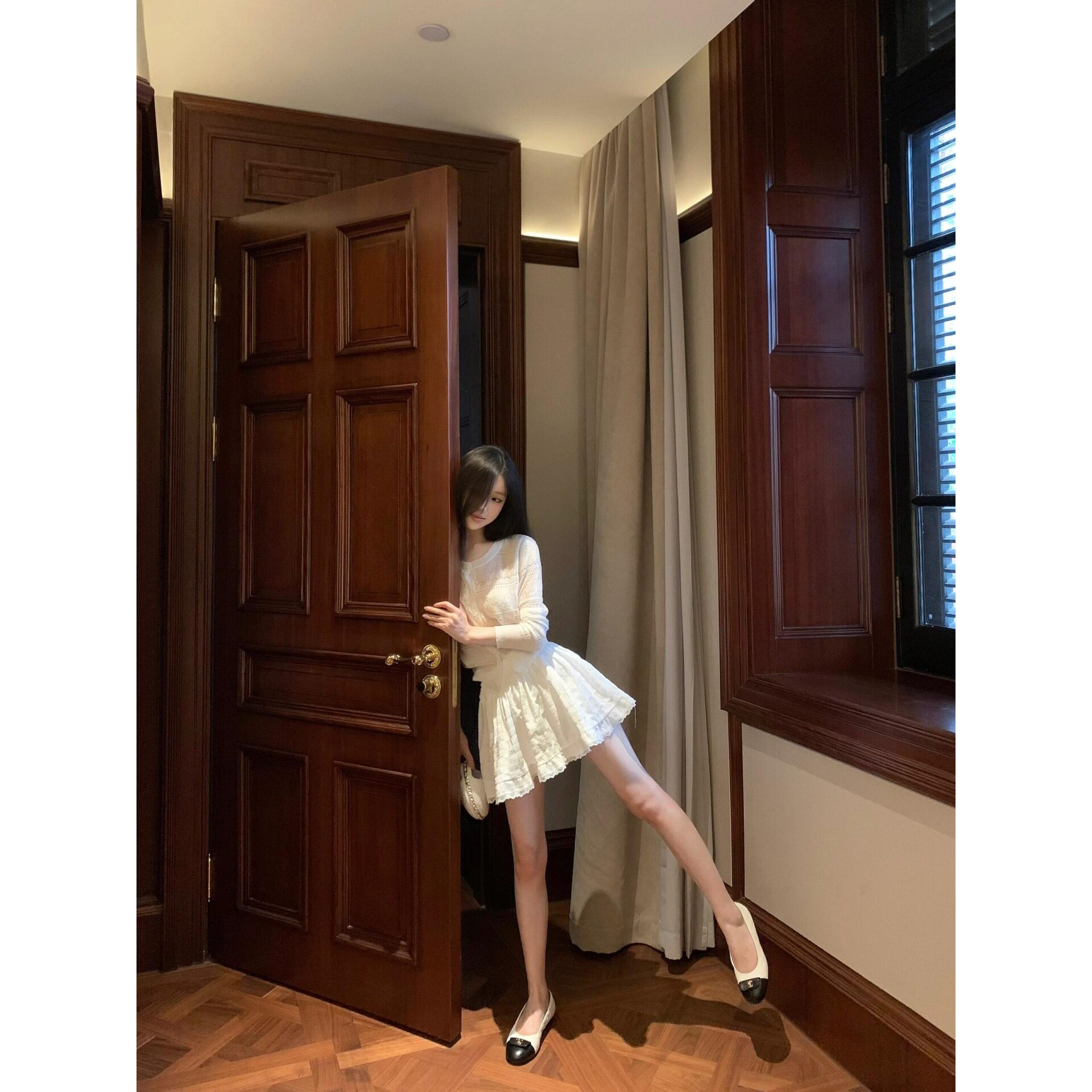 清冷微透防晒针织开衫初恋感蓬蓬蕾丝小白裙两件套装女