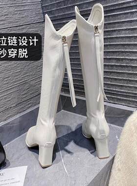 后拉链长靴女不过膝冬季加绒保暖棉鞋粗跟百搭方头高筒骑士靴子潮